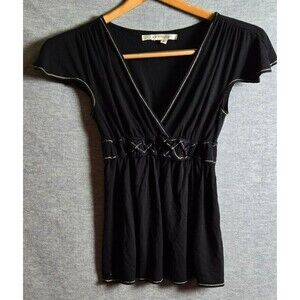 Max Studio Womens Knit Blouse Black Gathered Waist Size Medium